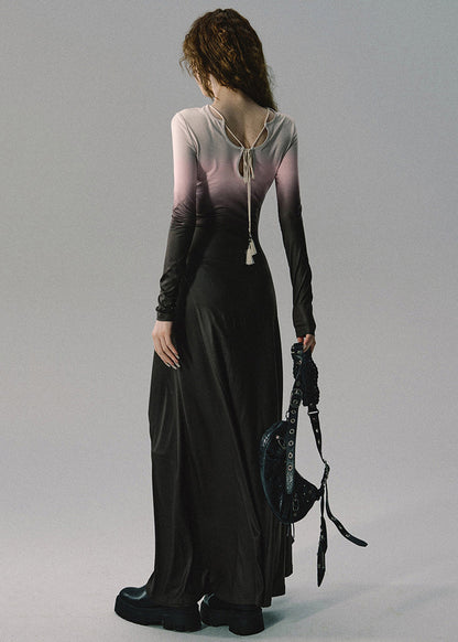 Italian Gradient Color Lace Up Cotton Long Dresses Long Sleeve