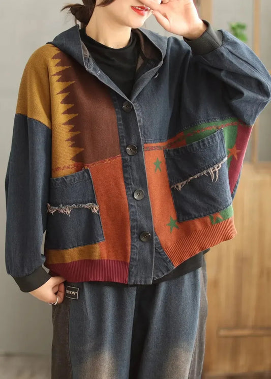 Blue Hooded Pockets Patchwork Denim Coat Spring