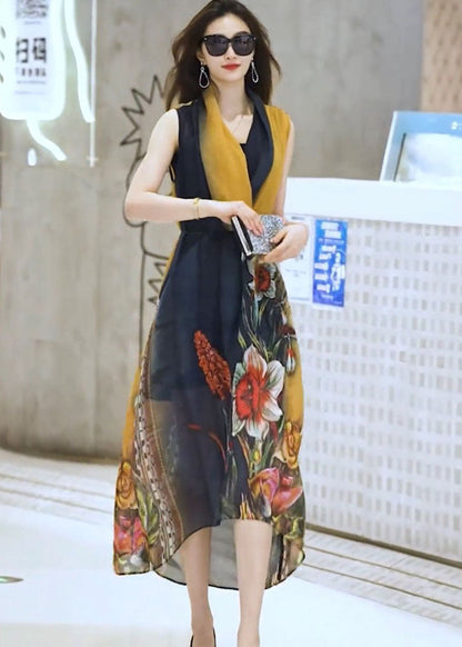Colorblock Bow Collar Tie Waist Print Chiffon Beach Dress and Spaghetti Strap Dress Two Pieces Set Sleeveless