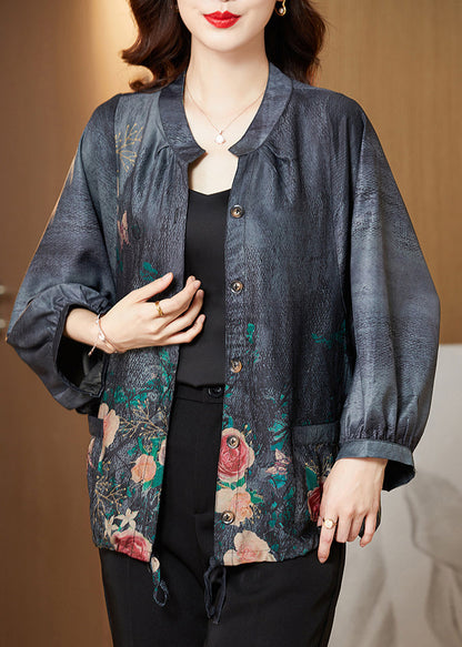 Blue Stand Collar Print Button Silk Tops Long Sleeve