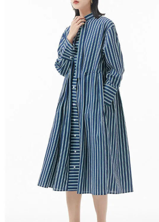 Boutique Blackish Green Stand Collar Wrinkled Striped Shirt Dress Spring