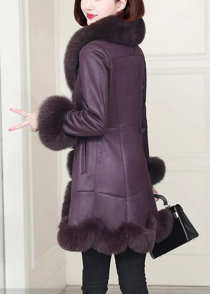 Top Quality Purple Rabbit Hair Collar Pockets Leather and Fur Coats Winter