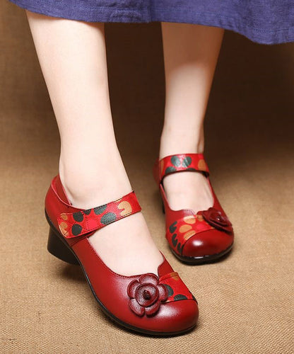 Red Chunky Heel Cowhide Leather Fitted Splicing