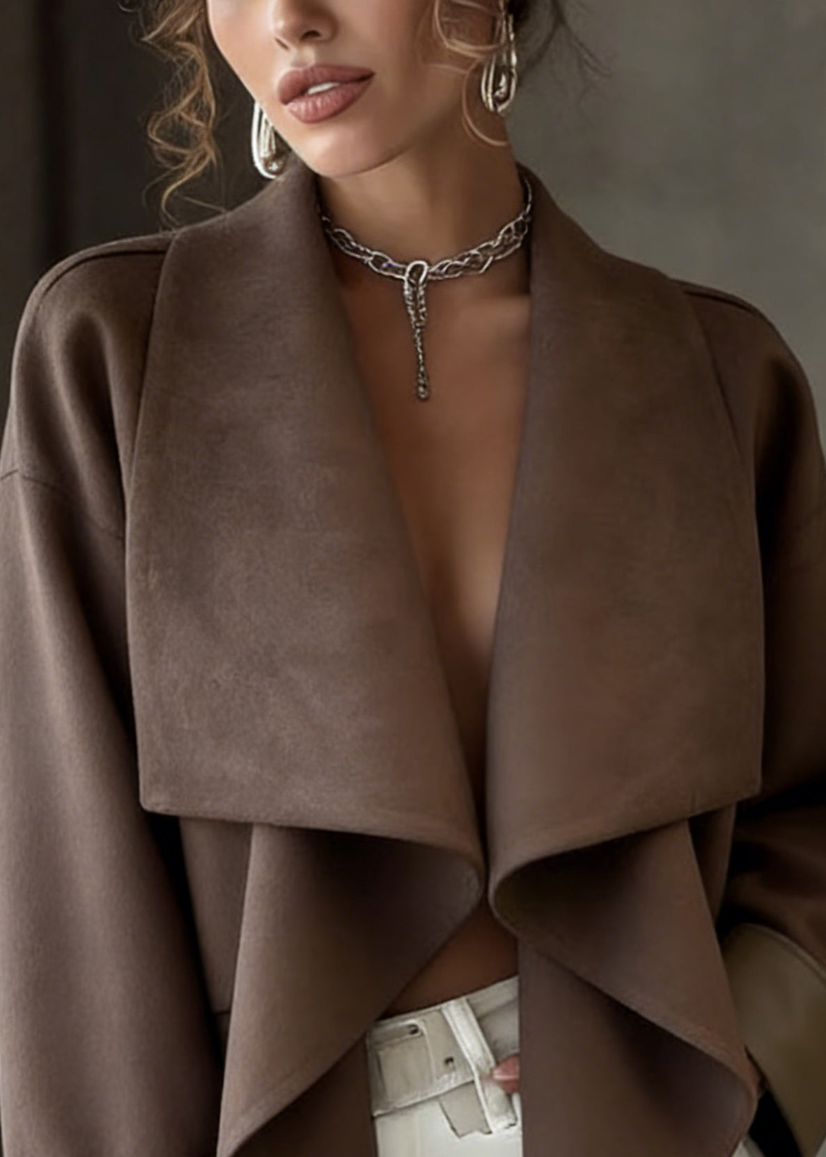 Loose Coffee Peter Pan Collar Faux Suede Coats Spring