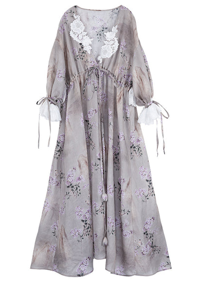 Chocolate Colour V Neck Cinched Tie Waist Print Lace Dresses Short Sleeve