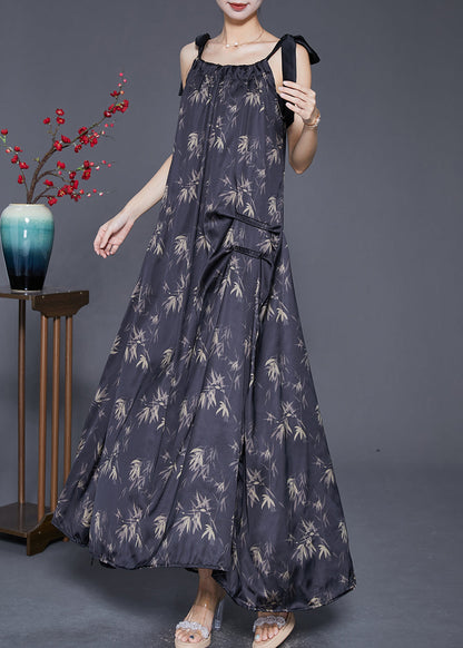 Black Print Wrinkled Silk Strap Dresses Summer