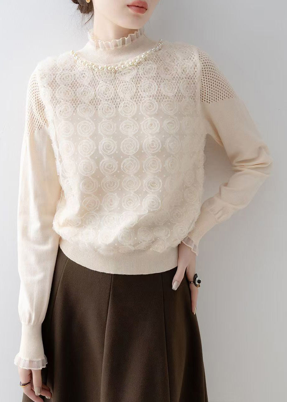 Art Apricot Decorated Nail Bead Knit Blouse Spring