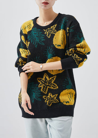 Black Oversized Print Knit Sweater Tops Winter