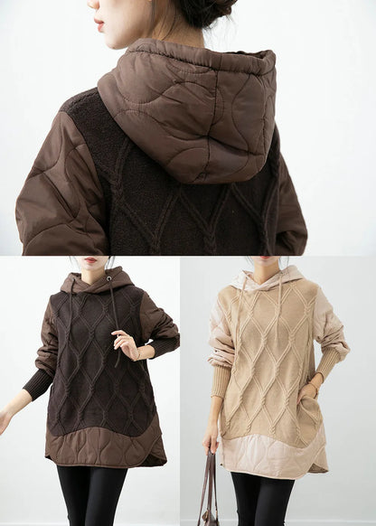 Chocolate Patchwork Knit Fine Cotton Filled Pullover Dress Hooded Winter