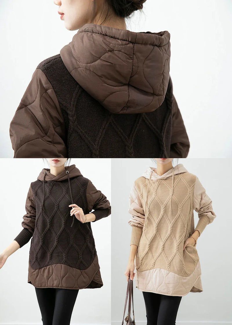 Chocolate Patchwork Knit Fine Cotton Filled Pullover Dress Hooded Winter