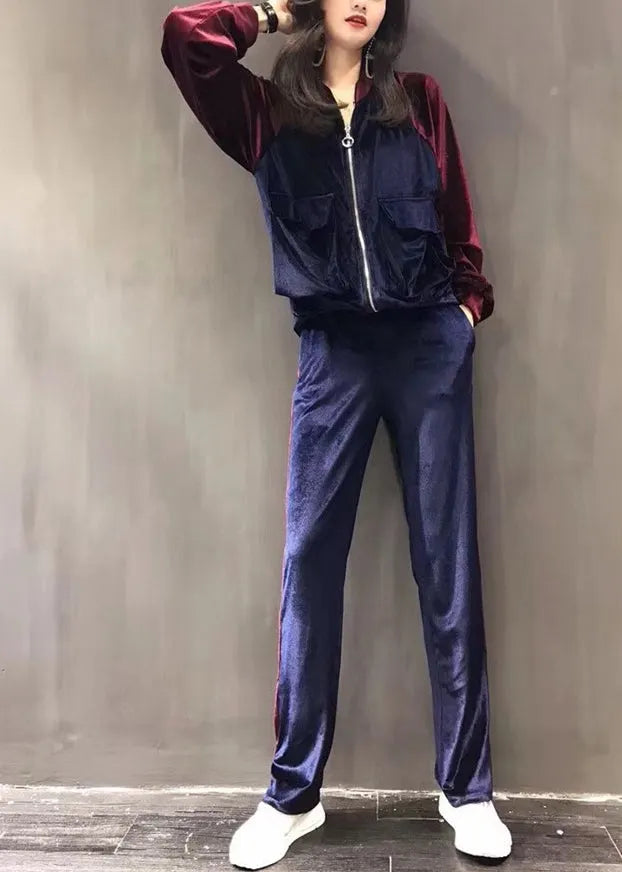 Purple Stand Collar Silk Velour Coats and Wide Leg Pants Two Pieces Set Fall