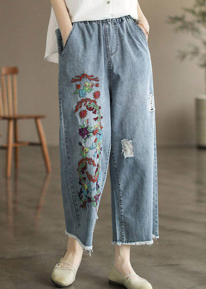Light Blue Embroidered Pockets Patchwork Crop Jeans Summer