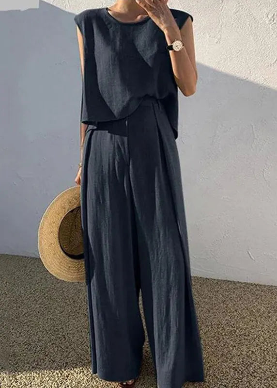Boutique Khaki O-neck T Shirt and Wide Leg Pants Two Pieces Set Sleeveless Summer