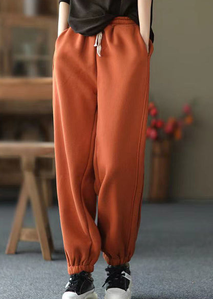 Orange Pockets Elastic Waist Warm Fleece Pants Spring