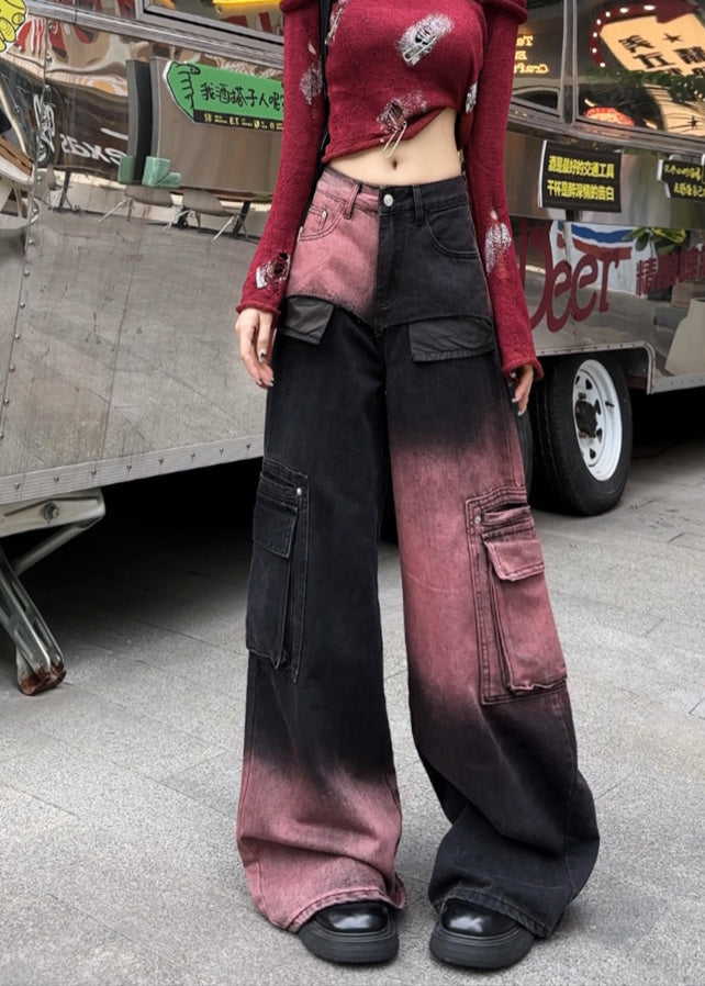Modern Gradient Color Oversized With Pockets Denim Pants Spring