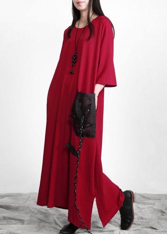 Red Patchwork Appliques Pockets Dress Fall