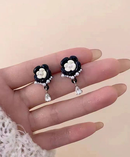 Black Alloy Pearl Crystal Tassel Drop Earrings