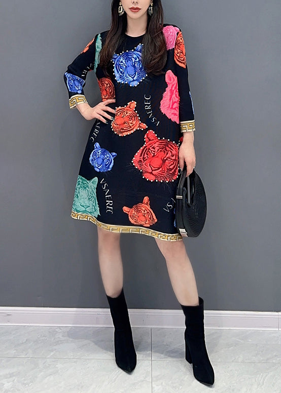 Black O Neck Print Cotton Mid Dress Spring