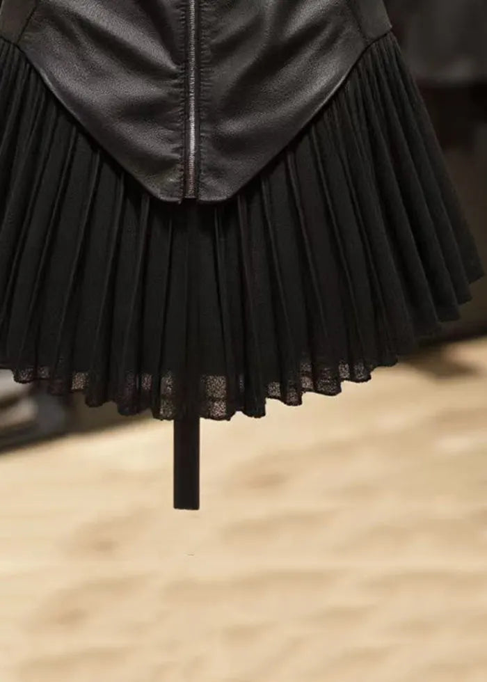 Stylish Black Zippered Wrinkled Patchwork Faux Leather Skirt Summer