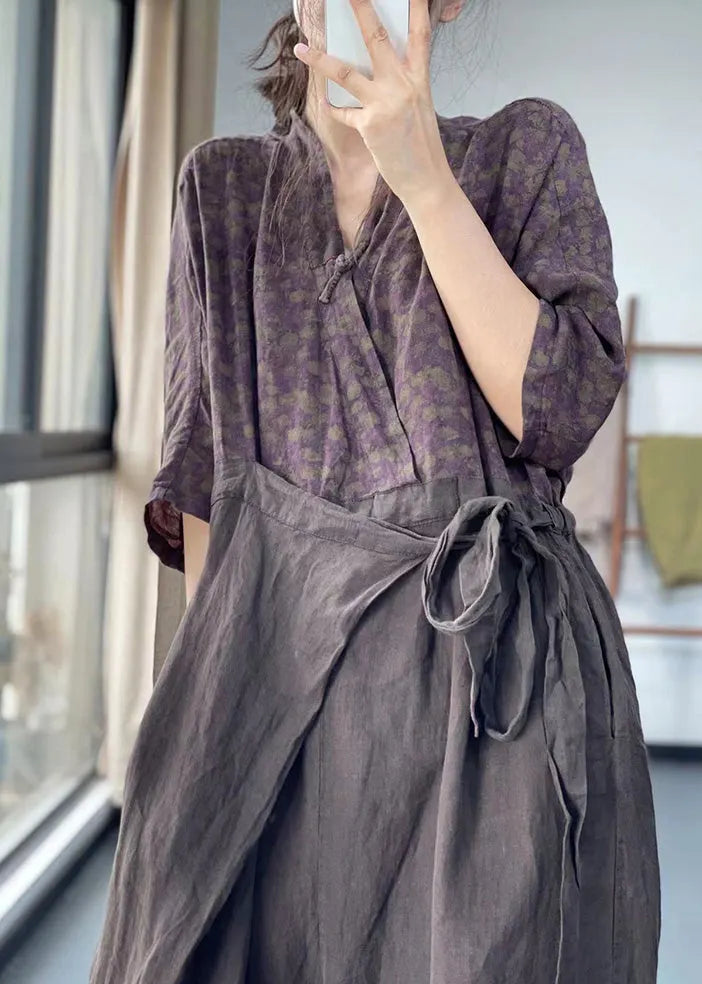 Coffee Purple V Neck Print Lace Up Patchwork Cotton Jumpsuit Spring