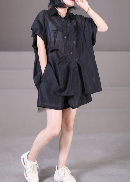 Black Asymmetrical Design Button Silk Shirts and Shorts Two Piece Suit Set Summer