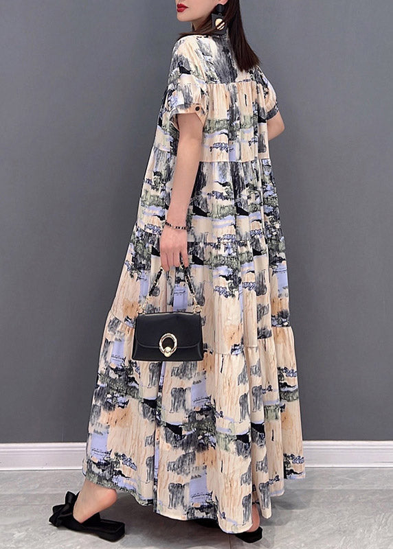 Stand Collar Button Print Patchwork Wrinkled Chiffon Long Dress Short Sleeve