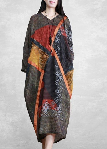 V Neck Patchwork Spring Long Neckline Red Print Robe Dress