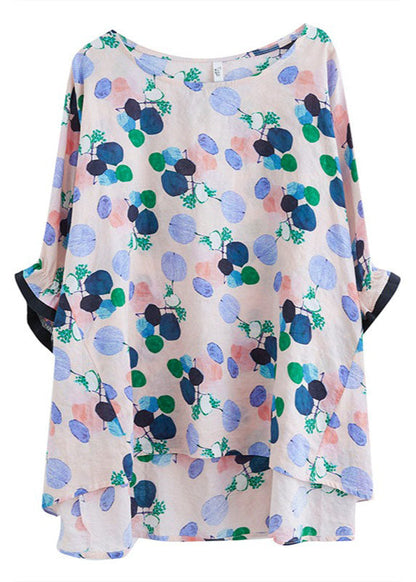 Style Pink O-neck Print Asymmetrical Design Ruffled Fall Half Sleeve Top