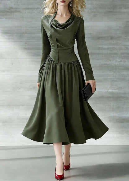 New Green Bow Wrinkled Cotton Long Dresses Spring