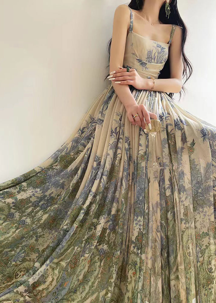 New Blue Wrinkled Print Tulle Spaghetti Strap Dress Sleeveless Summer