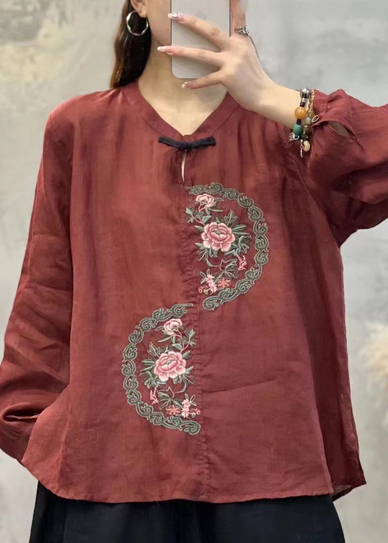 Retro Grey O-neck Embroideried Linen Shirt Top Lantern Sleeve