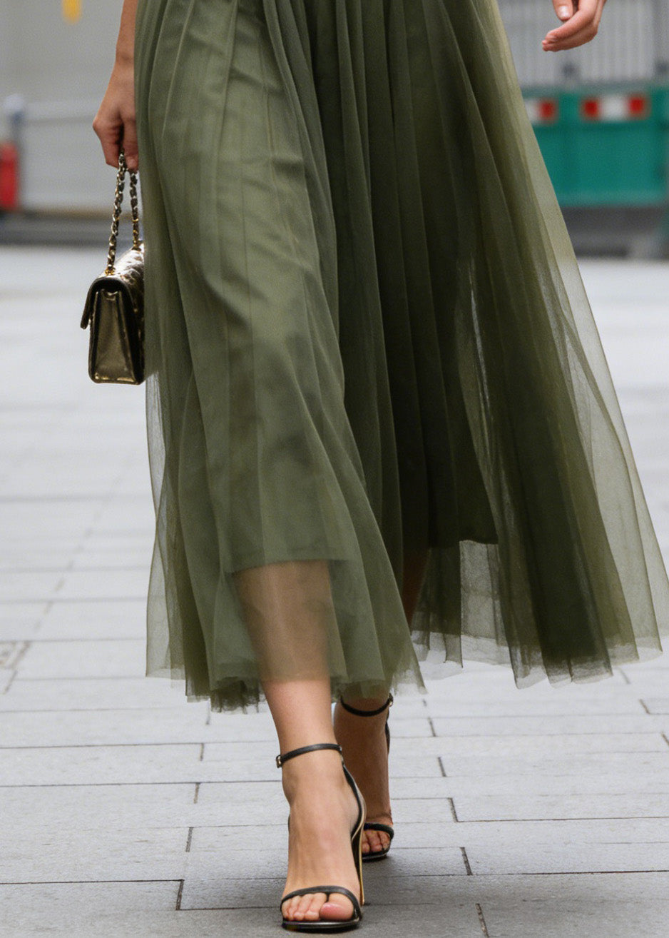 Simple Green Wrinkled Patchwork Tulle Skirts Spring