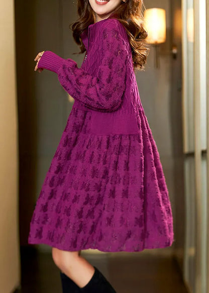 Jacquard Rose Zip Up Patchwork Knit Mid Dress Long Sleeve