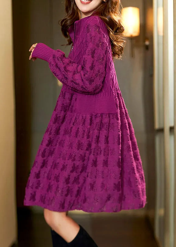 Jacquard Rose Zip Up Patchwork Knit Mid Dress Long Sleeve