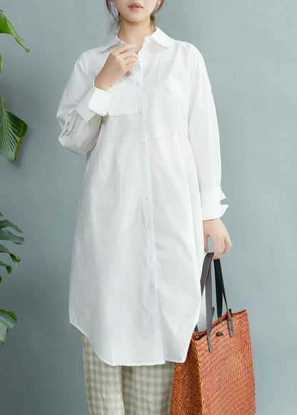 Style White Peterpan Collar Pockets Button Fall Asymmetrical Design Shirt Tops Long Sleeve