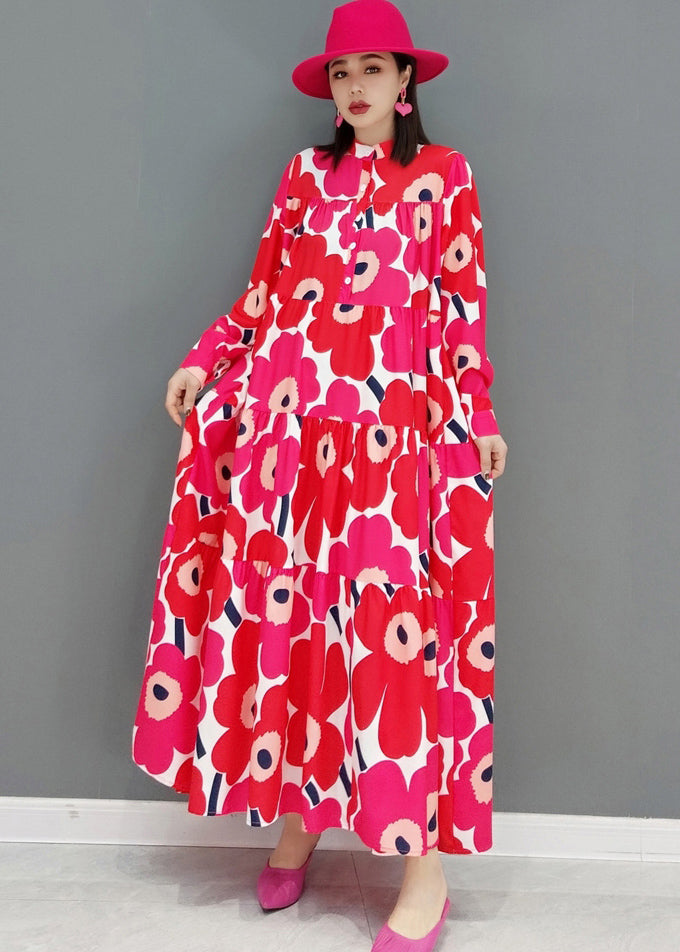 Red Stand Collar Print Patchwork Wrinkled Cotton Long Dress Long Sleeve