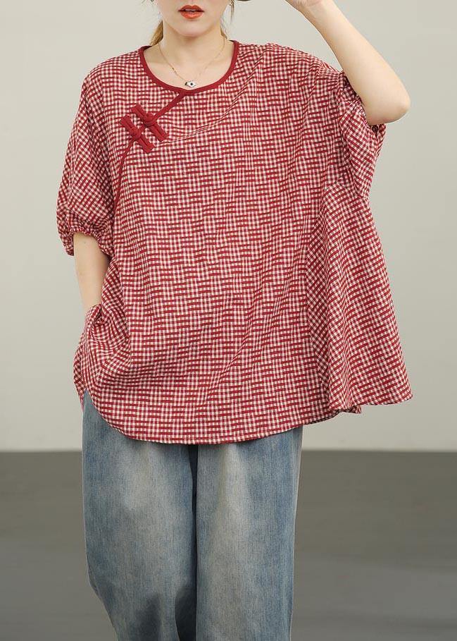 Red Plaid Batwing Sleeve Cotton Summer Blouses