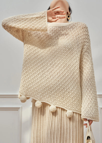 Loose Beige O Neck Hollow Out Fuzzy Ball Decorated Knit Two Pieces Set Fall