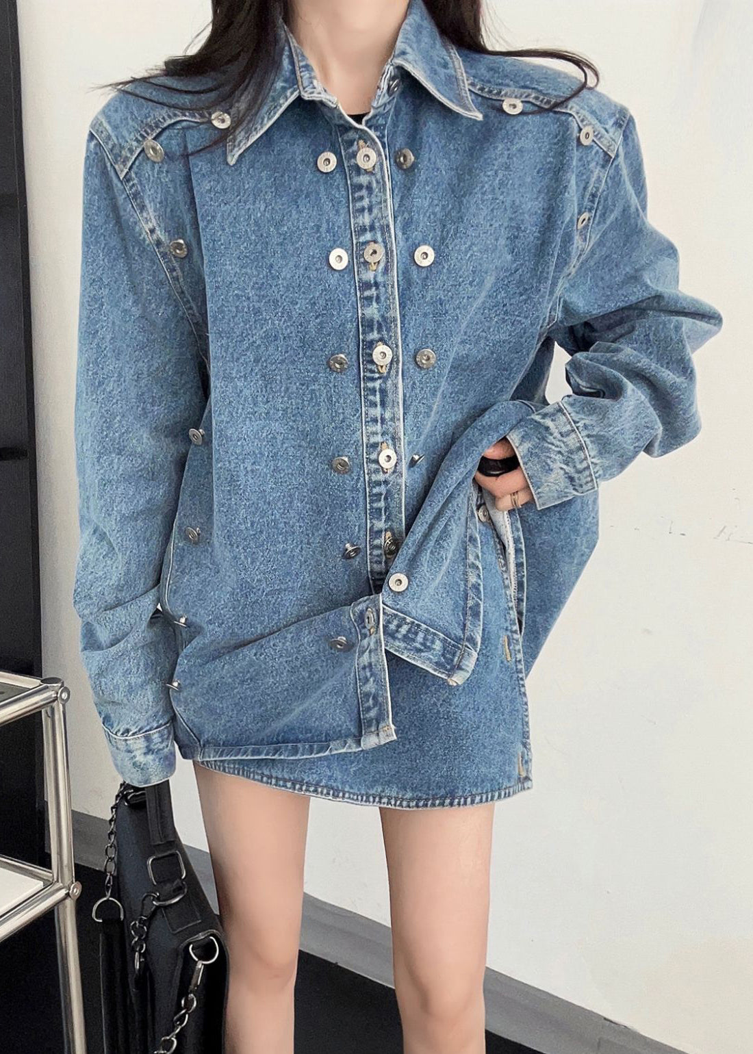 French Blue Peter Pan Collar Button Denim Two-piece Set Fall