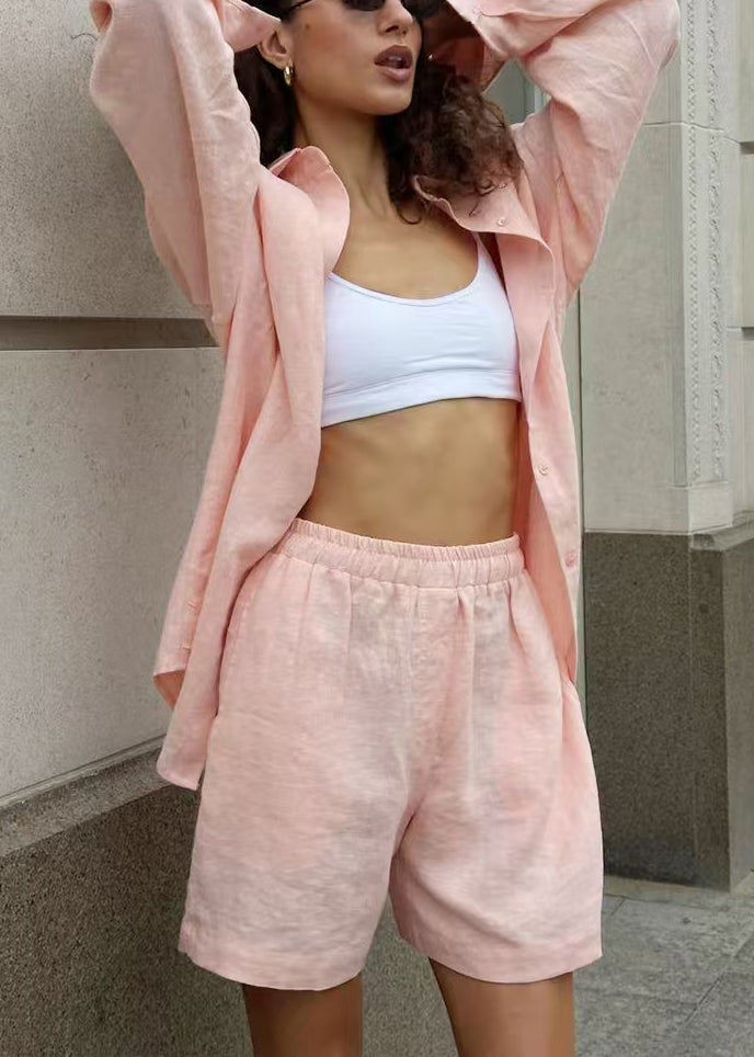 Pink Elastic Waist Cotton Two Pieces Set Peter Pan Collar Button