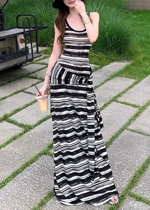 French Black Striped False Two Pieces Cotton Robe Dresses Sleeveless
