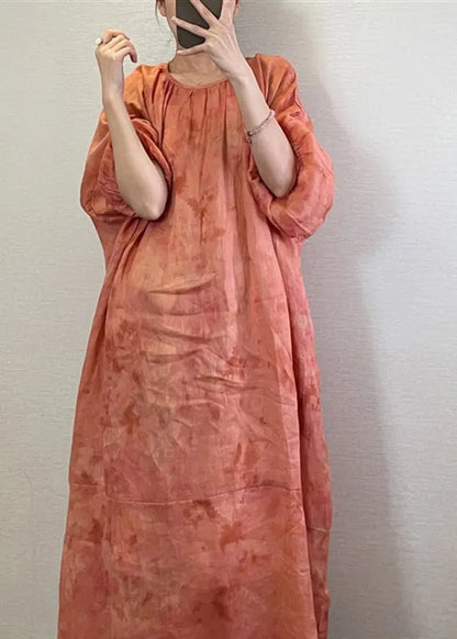 Boutique Orange O-neck Print Maxi Dresses Long Sleeve