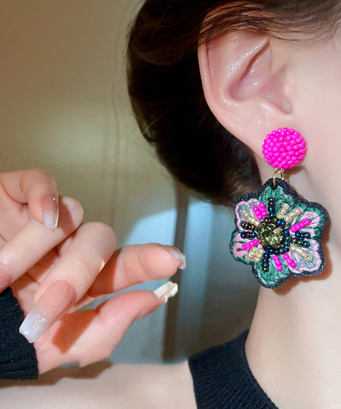 Rose Hand Woven Alloy Beads Embroidery Drop Earrings