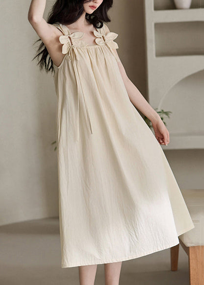 Beige Original Design Lace Up Cotton Long Dress Sleeveless