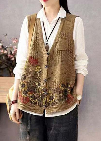 Brown V Neck Print Button Cotton Knit Waistcoat Sleeveless