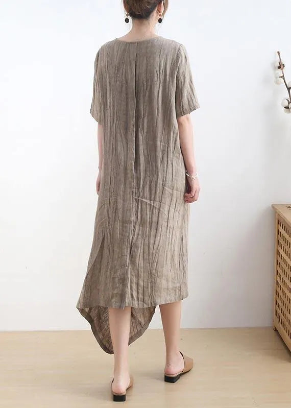 Diy Khaki Asymmetrical Design V Neck Long Summer Linen Dress