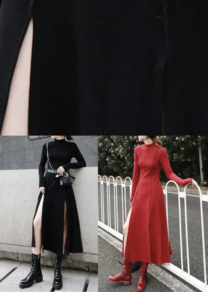 Slim Fit Red Side Open Cotton Long Dress Spring