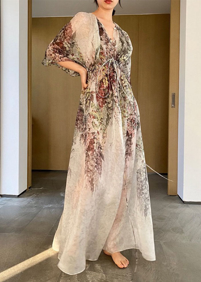 V Neck Print Drawstring Chiffon Maxi Dresses Half Sleeve Summer