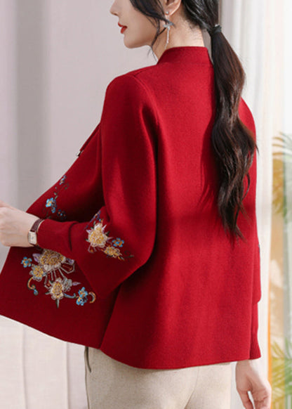 Red Embroidered Cotton Knit Cardigans and Sweater Two Pieces Set Fall