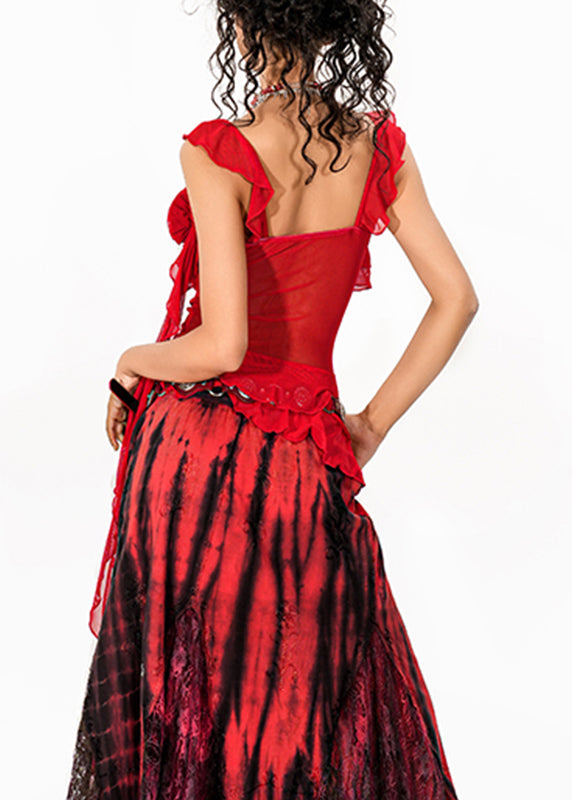 Red Asymmetrical Rose Tulle Tops Summer